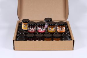 Variety Case of 36 Mini Jars. 6 Apricot, 6 Strawberry, 6 Raspberry, 6 Blackcurrant, 6 Breakfast Marmalade, 6 Lemon Curd